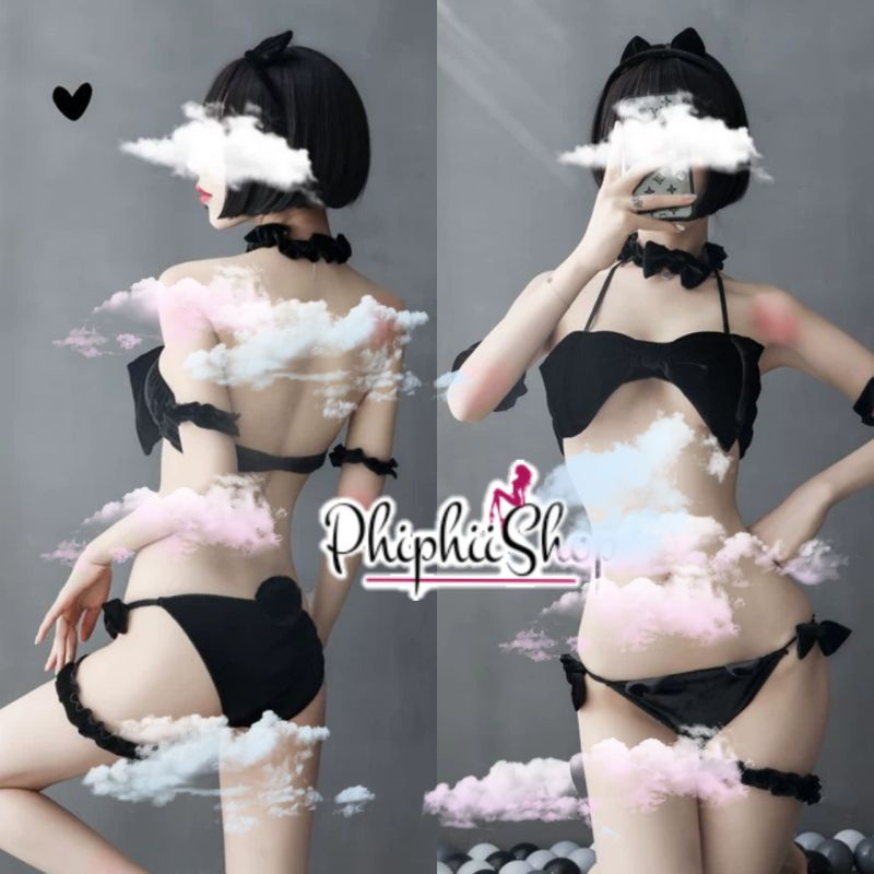 PREMIUM Bikini Set Bra Model Pita Sexy Bahan Beludru + Bando Kucing Cat Woman Aksesoris Kostum Lingerie