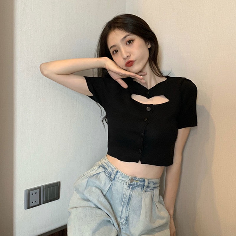 MOOGU ♡ Kaos crop top wanita seksi lengan pendek