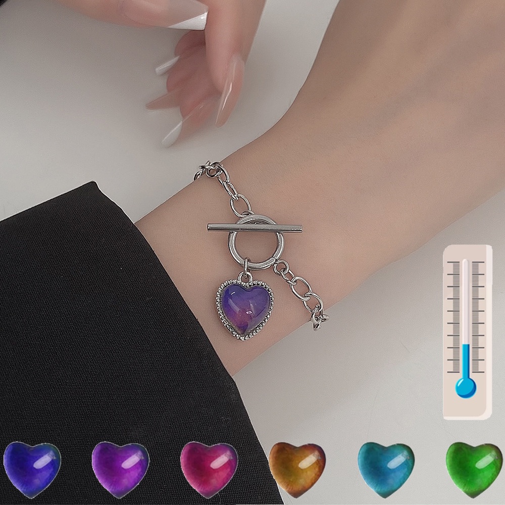 Kalung Rantai Liontin Hati Bahan Stainless Steel Dapat Berubah Warna Sesuai Suhu Gaya Vintage Untuk Wanita