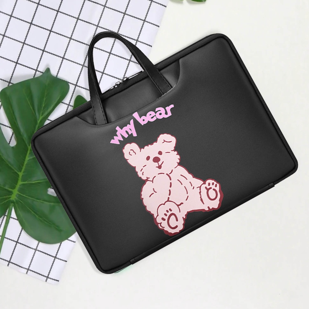 Sleeve Pouch Sarung Tas Bag Case Ipad Tab Tablet Macbook Air Pro Laptop Asus Acer Lenovo HP Huawei 11 12 13 14 15 inch Motif Gambar Kartun Cartoon Bear Beruang Warna Hitam Black Pink Cute Murah Korean Model Jinjing Tali Strap Waterproof Tahan Air