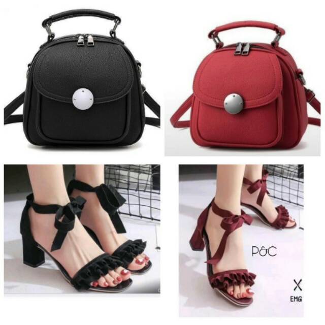 PAKET HEMAT 2IN1 TAS SLINGBAG WANITA & SEPATU SENDAL HEELS PESTA PARTY HAK TAHU MURAH WANITA