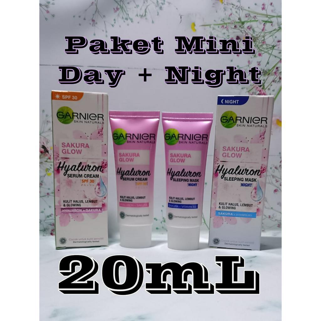 Paket Mini Garnier Sakura Glow Hyaluron Serum Cream SPF 30 + Sleeping Mask Night Cream 20gr - Travel Size Krim Siang + Malam