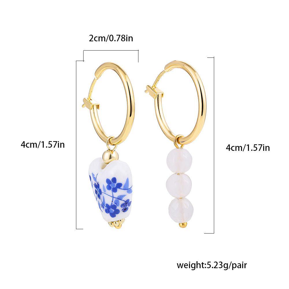 Needway Wanita Anting Hoop Kepribadian Retro Sederhana Cinta Hati Keramik Temperamen Teko Biru Dan Putih Porselen Telinga Gesper