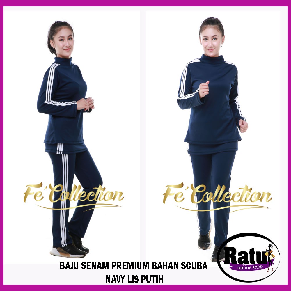 TERLARIS Baju senam olahraga scuba Navy lis Putih / Set baju senam muslim Rok / Set baju senam