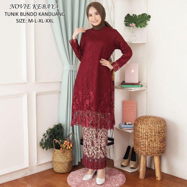 ( REALPICT ) Kebaya Tunik Tulle Bordir - Kebaya Novie Kebaya - Kebaya Modren - Set Kebaya Brukat-Maroon