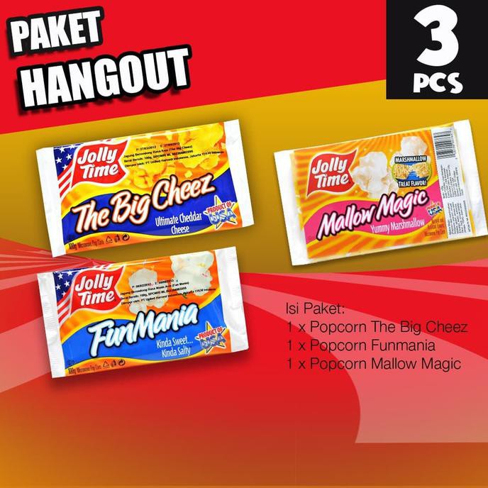 

Paket Hang Out (1Tbc, 1Fm, 1Mm) - Jolly Time Microwave Popcorn