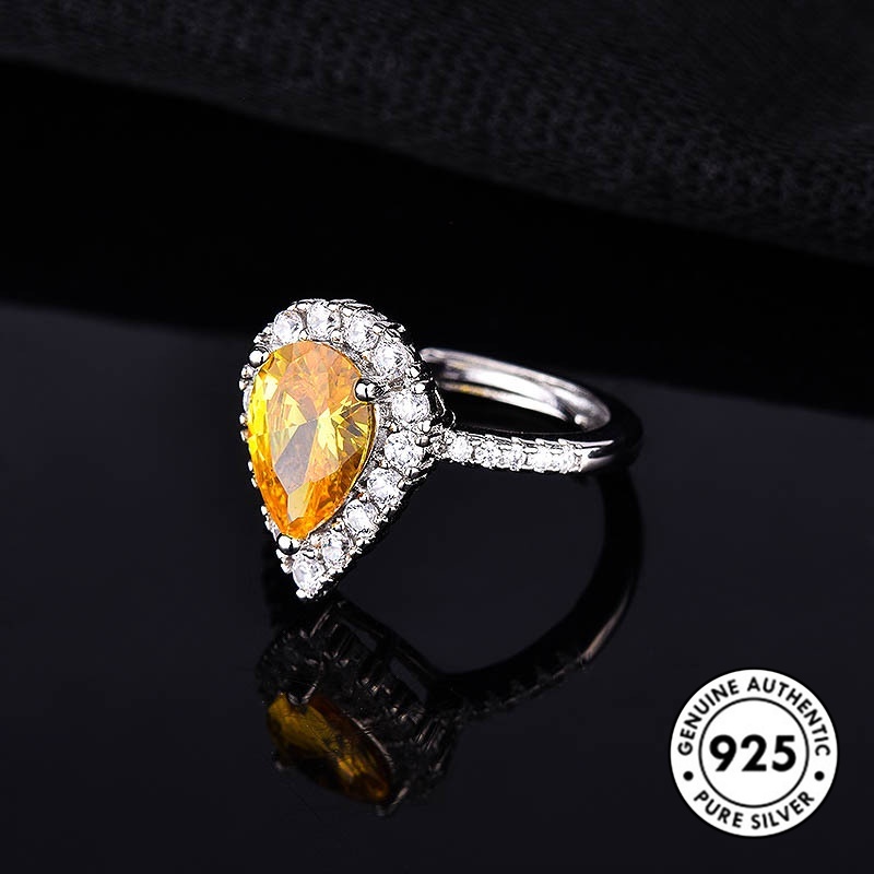 Cincin S925 Silver Bentuk Water Drop Pir Aksen Berlian Warna Kuning