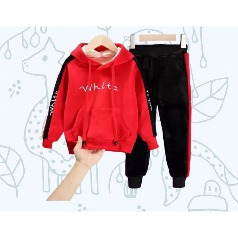 setelan hoodie whitc bahan atasan dan bawahan flece