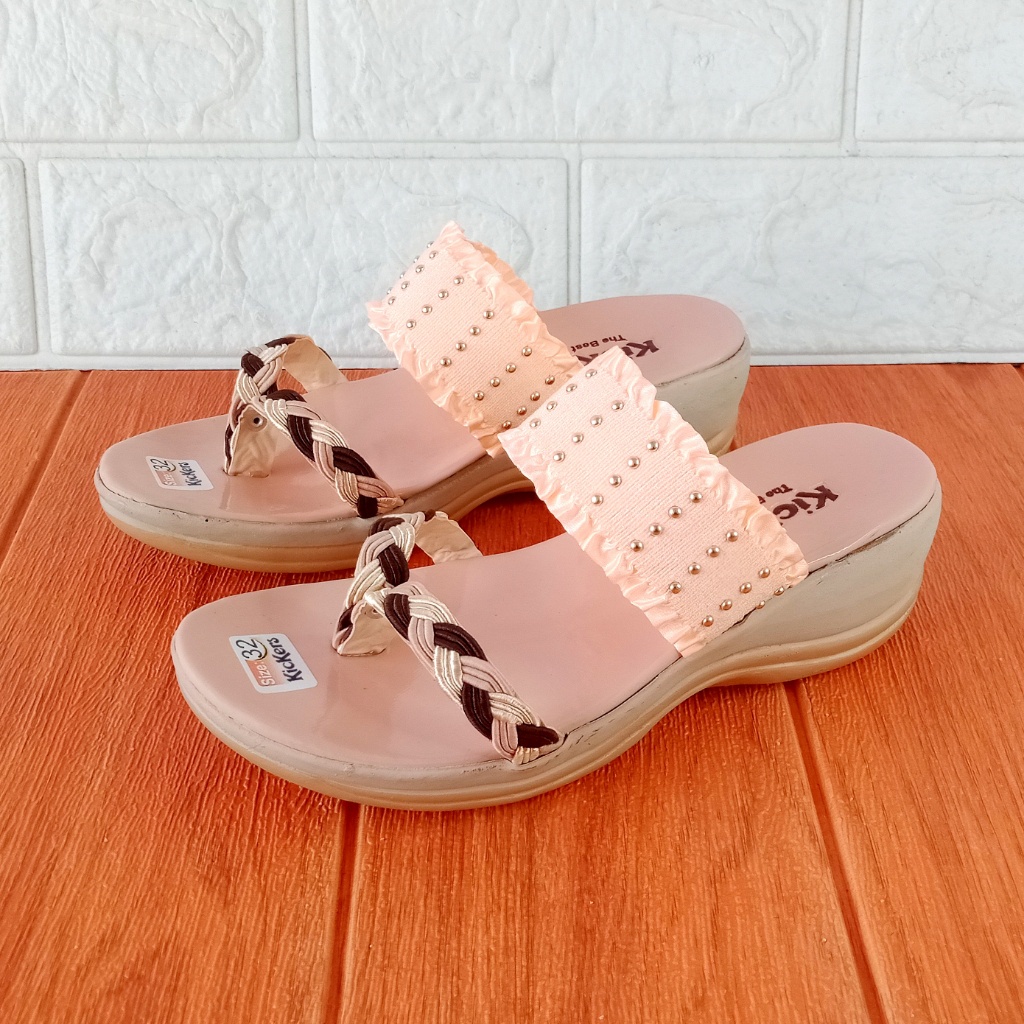 Kickers RF Renda 01 Sandal Anak Perempuan Jepit Wedges Hak 5cm Size 26-35 Krem Combi