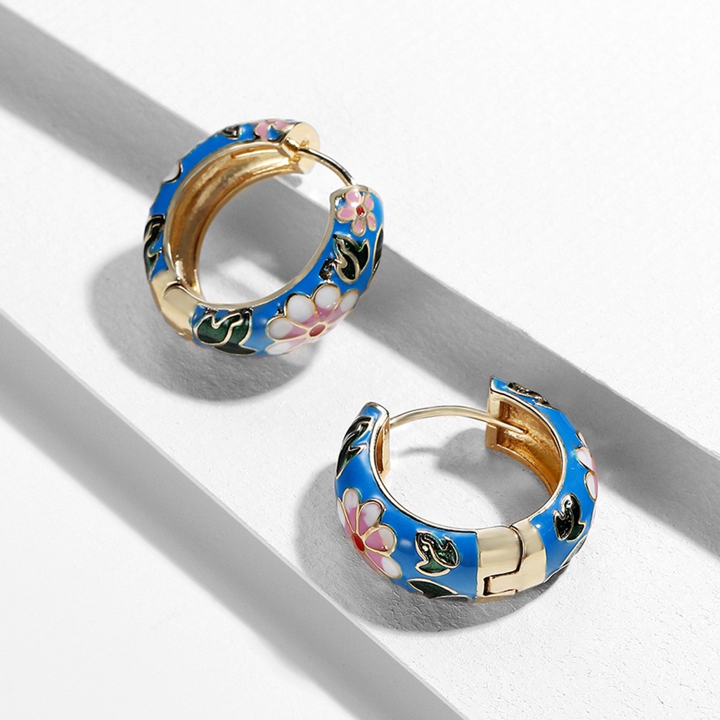 Hu Hu Hu Hu Hu Alat Bantu Pasang Kacamata♡ 1 Pasang Anting Stud Bentuk Lingkaran Motif Print Bunga Aksen Kubik Zirkon Gaya Vintage