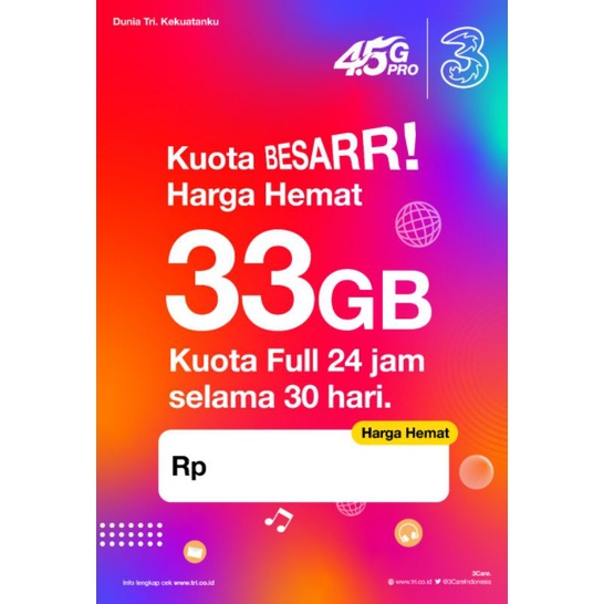 Perdana Tri 33 GB masa aktif masa aktif kuota 3 Bulan & masa aktif kartu 10 Tahun