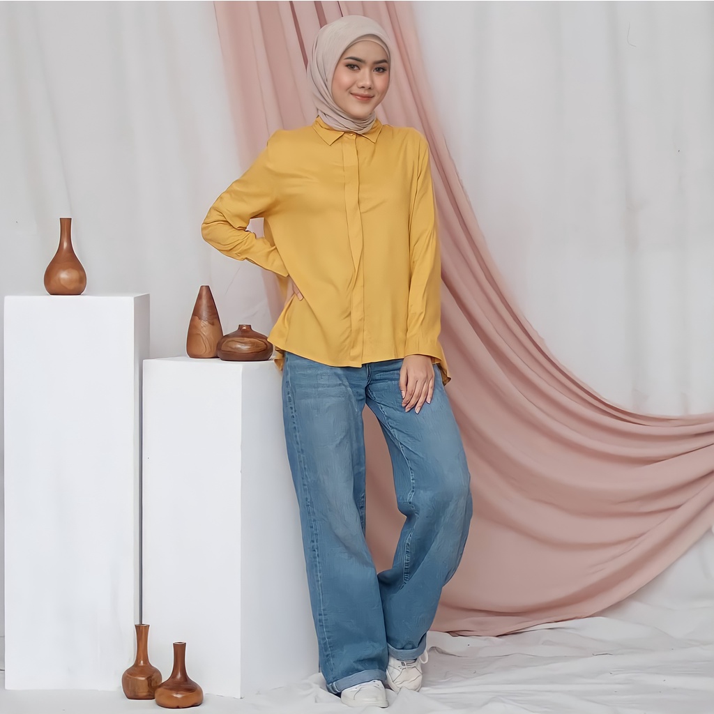 Baju Kemeja Polos Wanita Lengan Panjang Bahan Katun Rayon