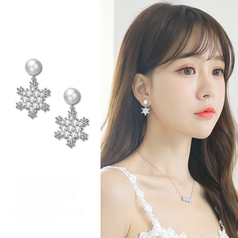 Mutiara anting-anting wanita elegan Korea gaya all-match kepingan salju Panjang liontin cincin telin