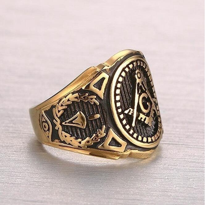 18rb Emas Freemason Baja Titanium Perak Pria Punk Perhiasan Fashion Masonik Cincin Rings