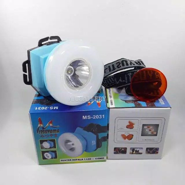 Senter Kepala Mitsuyama Putih &amp; Kuning MS-2031 Murah berkualitas Headlamp Donut 1 LED + 12 SMD