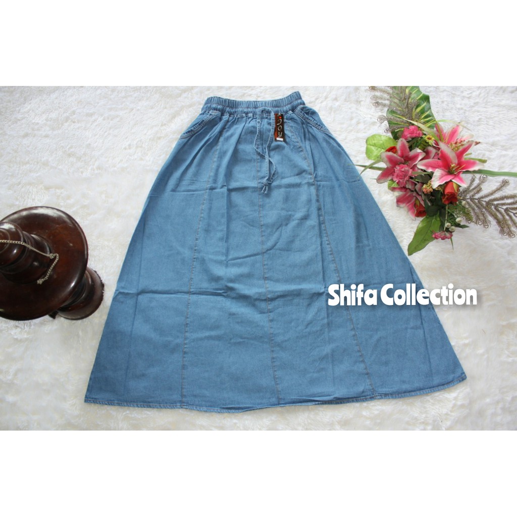 Rok Jeans / Rok Panjang / Rok Dewasa / Rok Wanita Model Peca 8 - Bahan Jeans - Ukuran All Size / Dewasa (BB 40-70 kg)