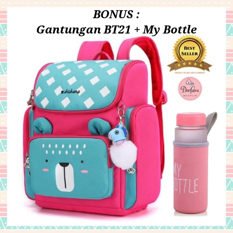 Tas Sekolah TK SD Ransel Anak Perempuan Backpack Wanita Bonus Gantungan Bete211 dan My Bottle