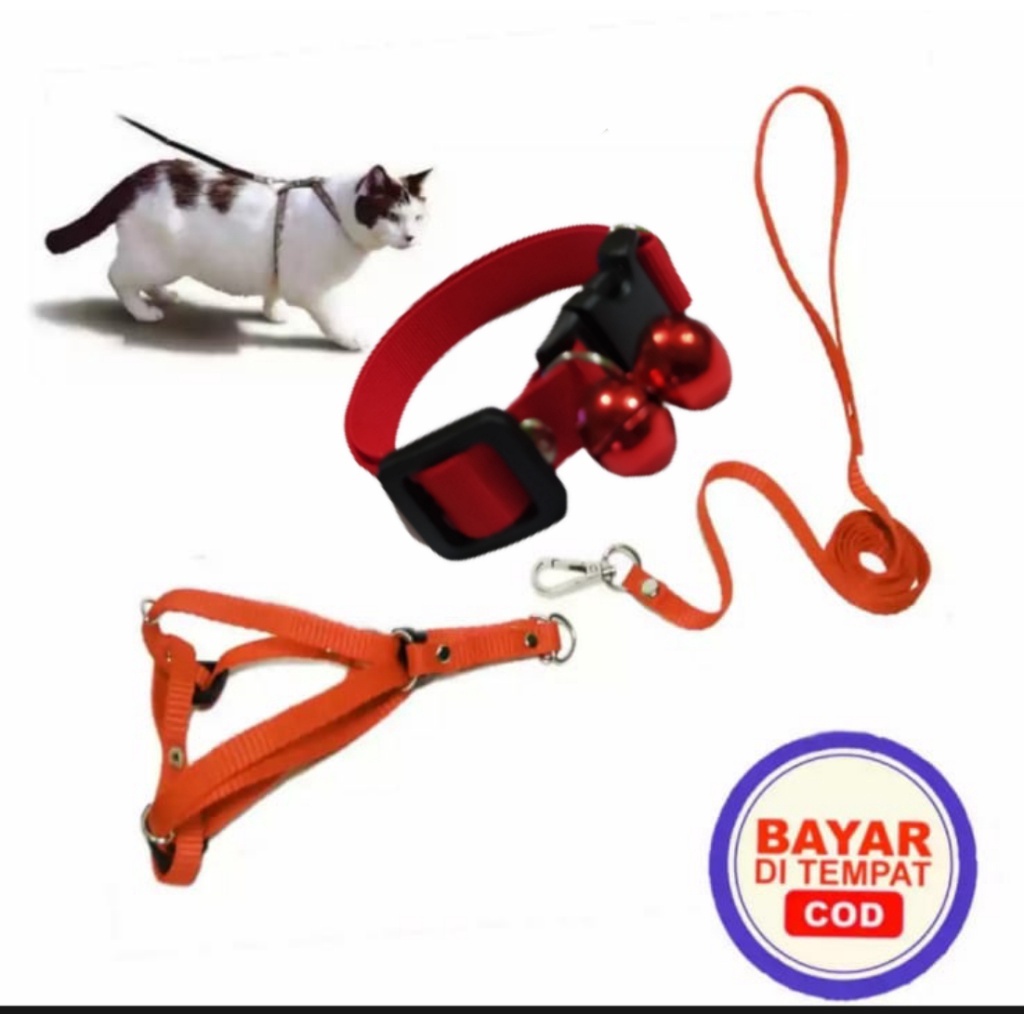 Harness Kucing Tipe Y - Tali Tuntun Hernes Penuntun Badan Aksesories Kalung Dua[ 2 ] Lonceng untuk Hewan Cat Musang Kelinci Warna Polos - Bahan Bisban Polyester Tebal dan Kuat