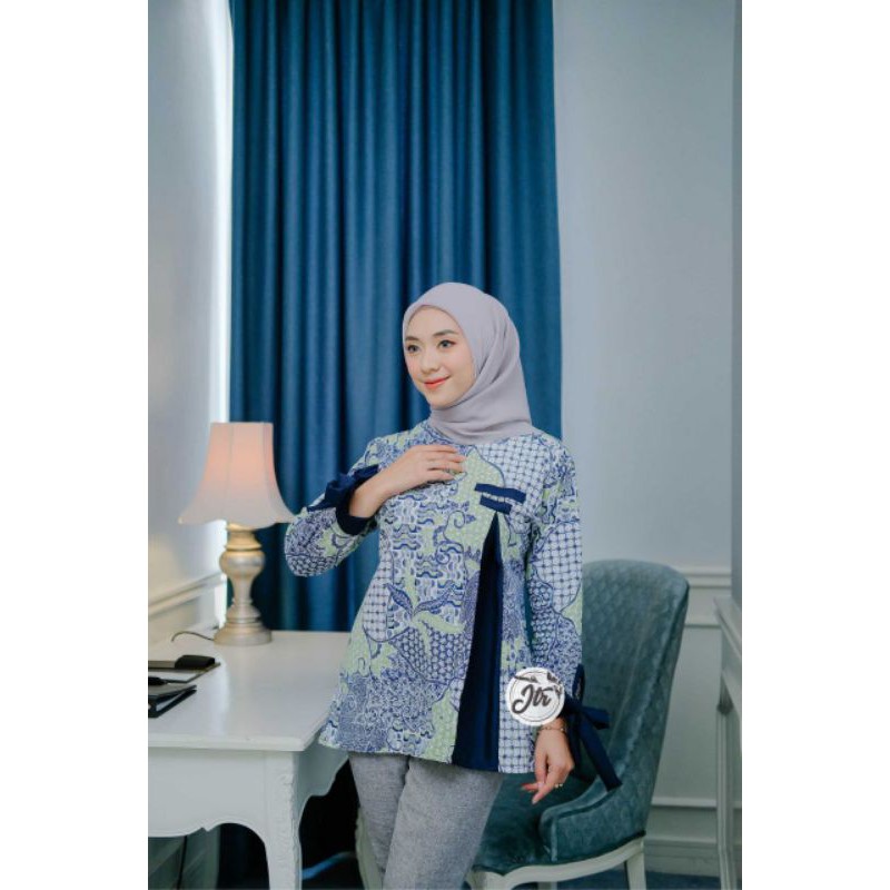 Atasan Batik Wanita Kekinian Dolbi Dobby Doby Dobi Tenun Sutra Halus Katun ATBM-Sakira Navy