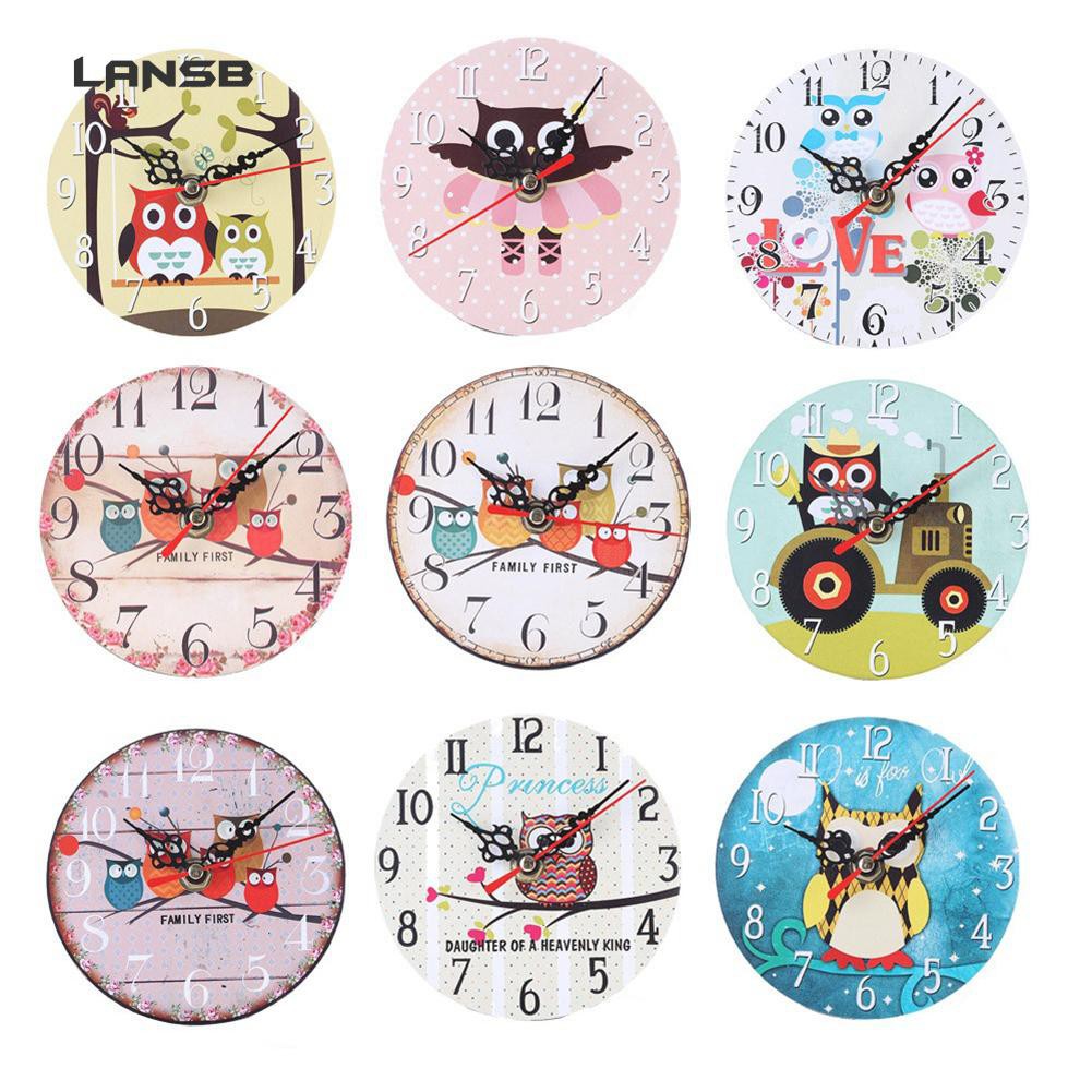 Jam Dinding Vintage Tanpa Suara Motif Burung Hantu Bahan Kayu