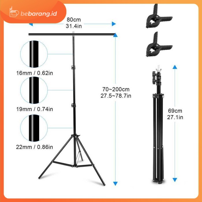 GS8 Tiang Back Drop Photostudio fotografi Vlog  Stand Backdrop Photography T-Shape 2 Clamp  M138-200