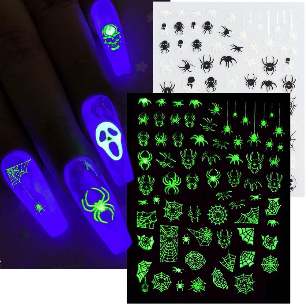 R-bunga Halloween Stiker Kuku Nail Art Dekorasi Spider Web Manicure Tengkorak Labu Glow In The Dark