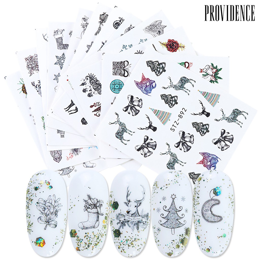 Providence 12 Pcs Stiker Kuku Motif Snowflake/Lonceng/Rusa Untuk Dekorasi Nail Art