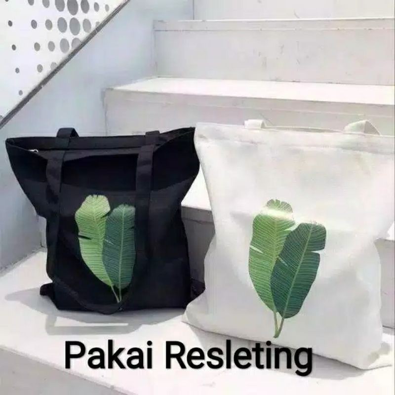 Tote Bag Resleting Tas Kuliah Tas Sekolah Gambar Daun