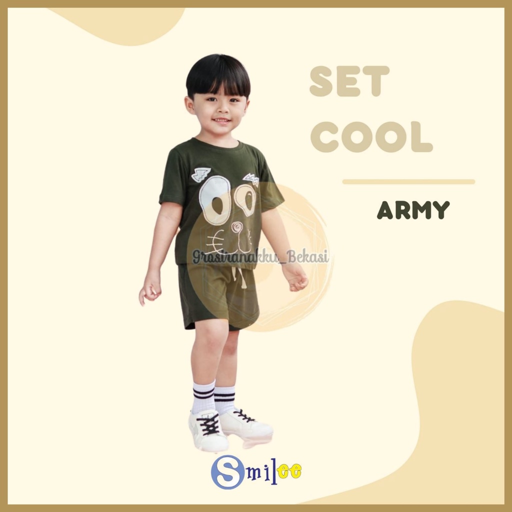 Setelan Anak Unisex Smilee Cool Warna Hijau Army Size 1-5Tahun