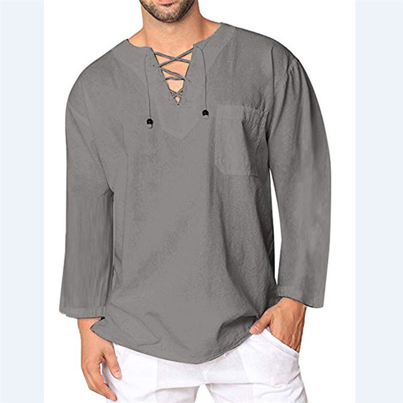 Large Fashonal Linen Shirts for Men Yoga Top Loose Cotton Long Sleeve Hippie Tee Black 