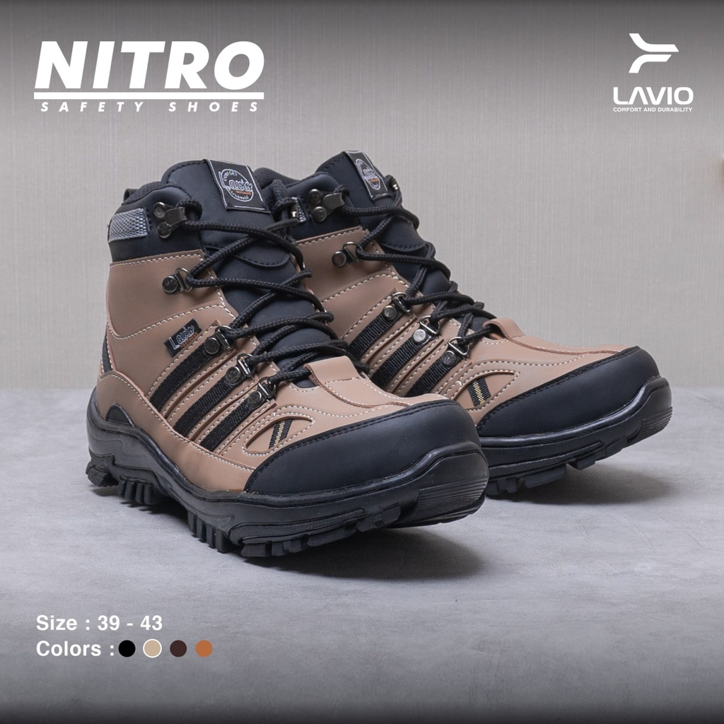 Sepatu Safety Boot Tinggi Pria Lavio Nitro High dengan Ujung Besi Sefty Cowok Bahan Karet Mentah Anti Slip Outdoor Kerja Lapangan Proyek