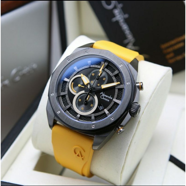 ORIGINAL GARANSI RESMI JAM TANGAN PRIA ALEXANDRE CHRISTIE BLACK YELLOW RUBBER STRAP ARLOJI WATCH COW