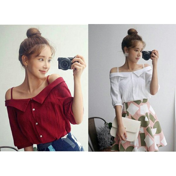 Pakaian Wanita sq blouse wanita lengan pendek bl sabrina Katun Rayon maroon putih L modis modern