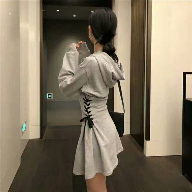 ULZZANG SHAPE WAIST HOODIE DRESS GREY