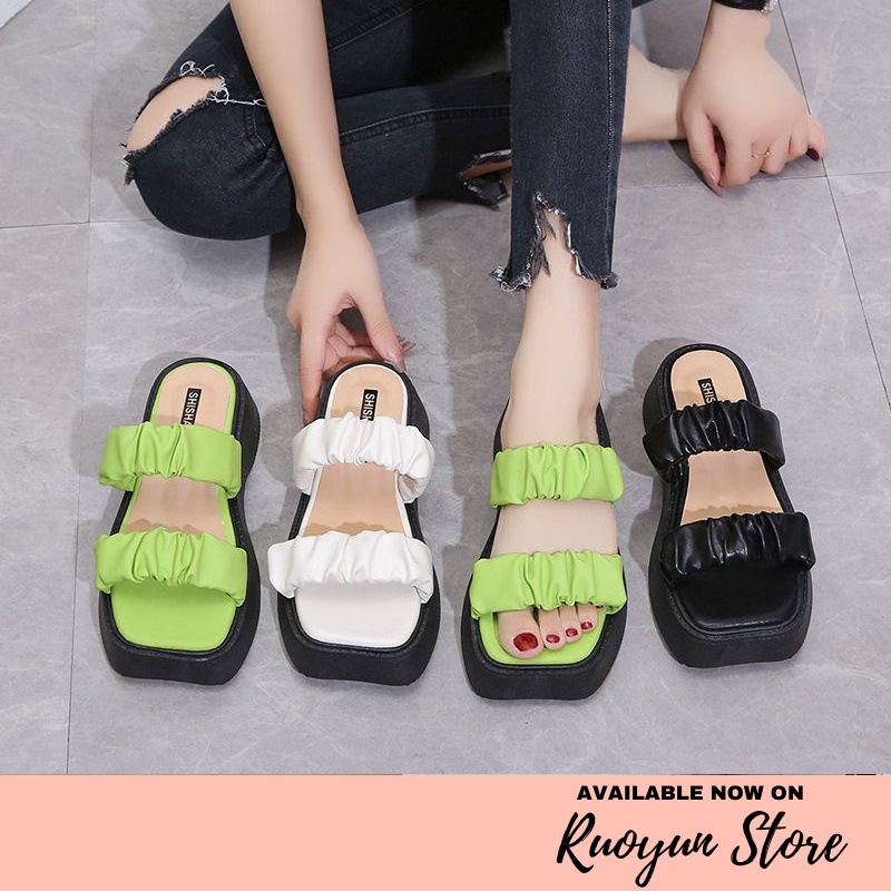 RYX - Wrinkle Heeled Sandal Slip On Wanita Fashion Casual - Ori Import