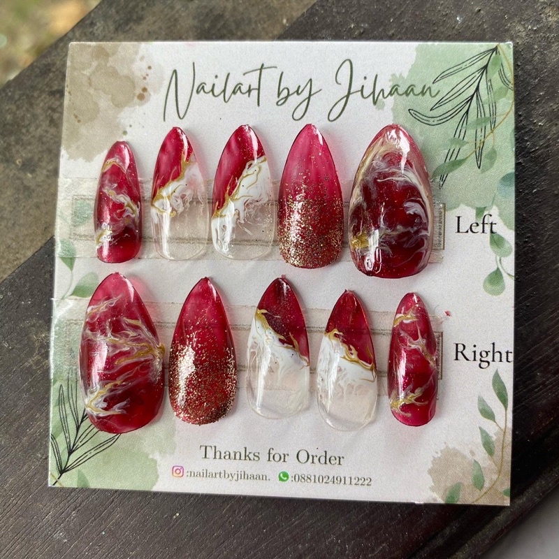 NAIL ART KUKU PALSU WEDING SIMPLE MAROON MARBLE
