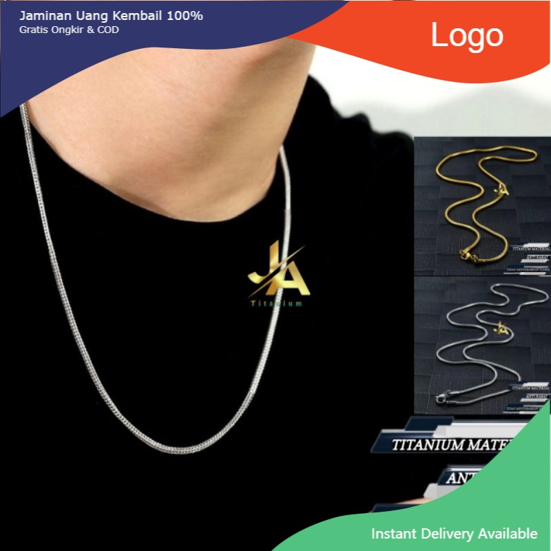 Kalung Pria Wanita Titanium Bentuk Bulat Gold Emas Silver Perak Kalong Titanium Cowok Anti Karat