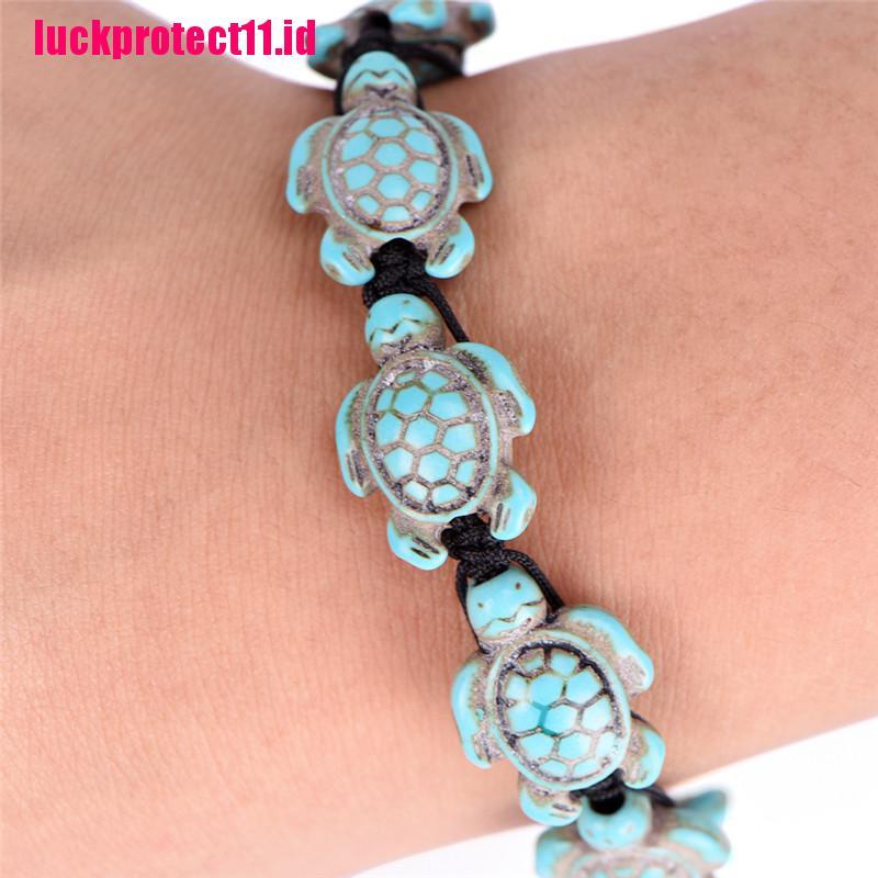 (LUCK) Gelang Tangan Tali Kepang Adjustable Aksen Kurakura Turquoise Vintage Bohemia Untuk Wanita