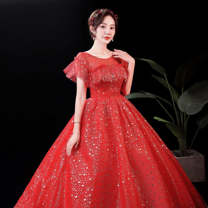 154 Red Bling BLing Short Sleeve Long Tail Women Bridal Wedding Gown Dress