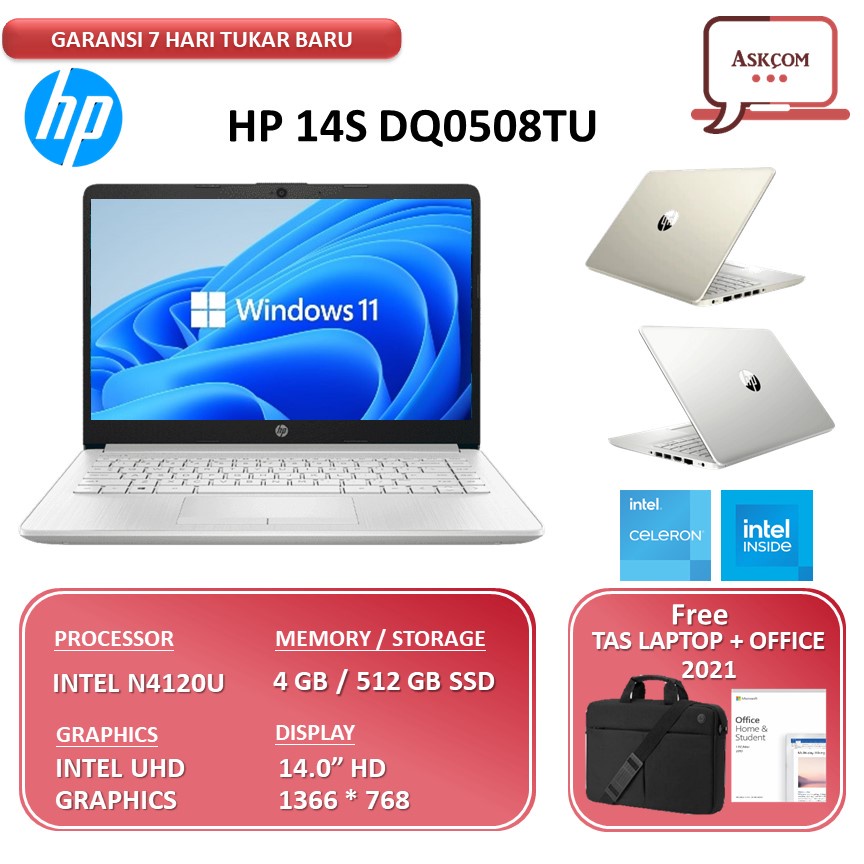 Laptop HP 14s DQ0508TU INTEL CELERON N4120 4GB 512GB SSD 14.0&quot;HD Windows11+OHS 2021