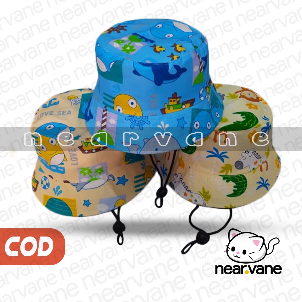 Topi Bucket Tali Anak Laki Laki Perempuan Motif Karakter Hewan Animal Binatang Darat dan Laut Lucu Usia Umur 1 2 3 4 5 Tahun