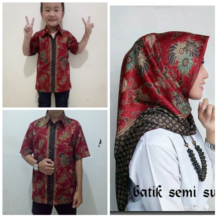 SB Collection Couple Family Rea Jilbab Segi Empat Hijab Kerudung Dan Kemeja Batik Anak Ayah