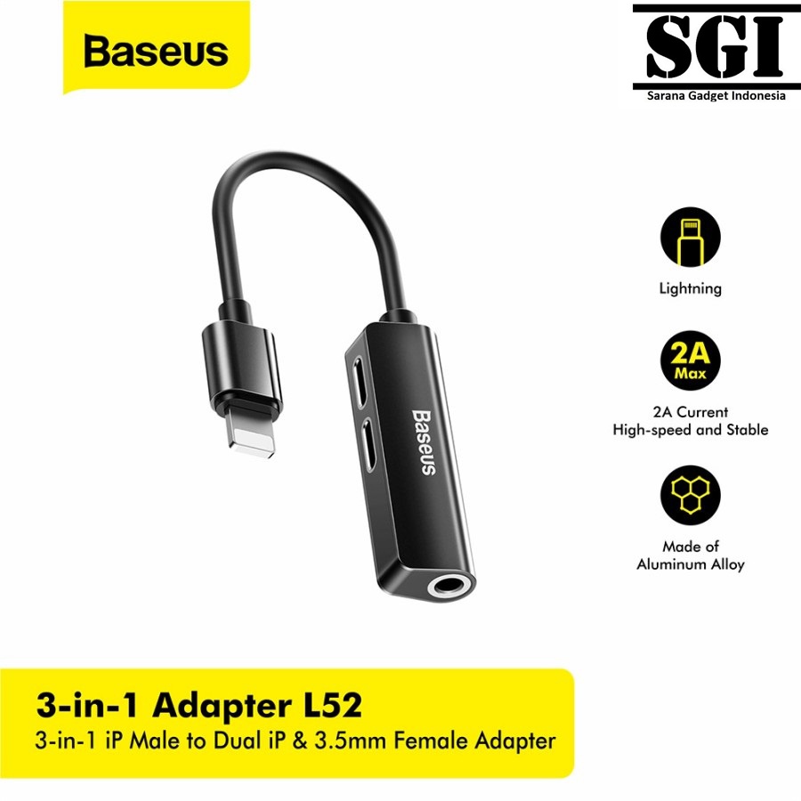 Baseus Original L52 3 in 1 Lightning Converter to Jack Audio 3.5mm Adapter Adaptor Kabel Iphone 8 Pl