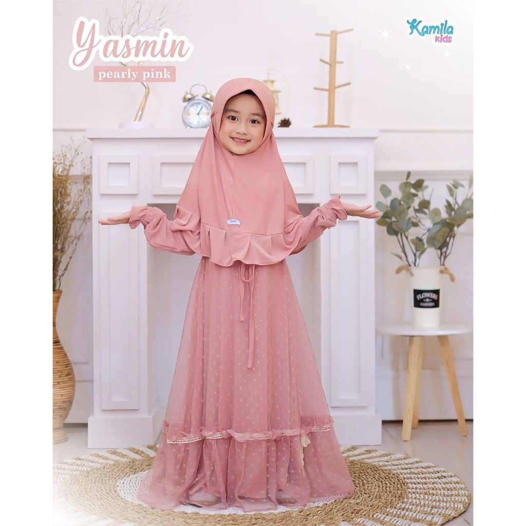 BAJU MUSLIN ANAK TERBARU YASMIN DRESS KIDS BAHAN MANGGO CREPE MIX TILEDOT USIA 5 -6 TAHUN GAMIS ANAK