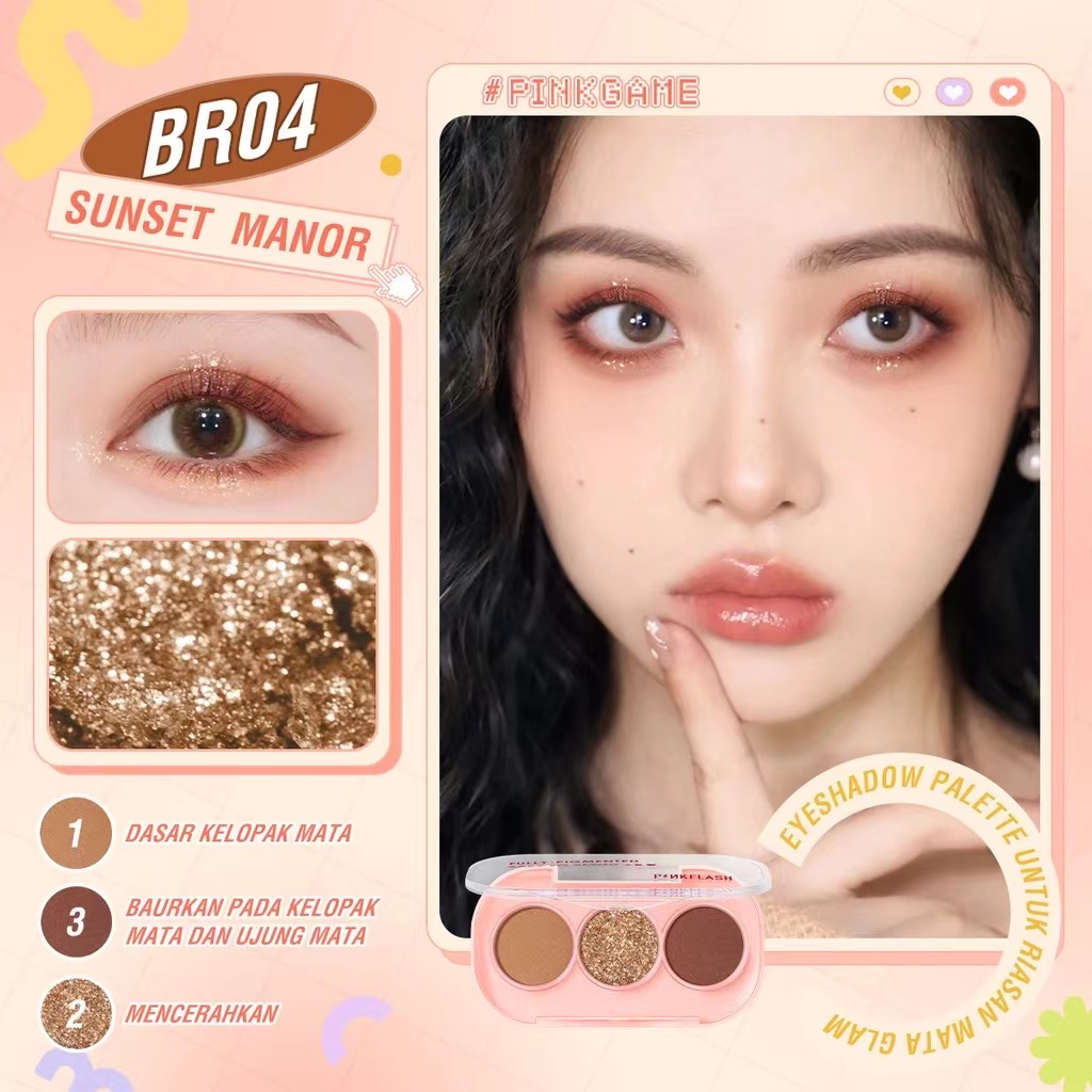 [ORI &amp; BPOM] PINKFLASH 3 Shades Eyeshadow Palette Giltter High Pigment Easy To Blend Lasting 11 Colors PF-E23