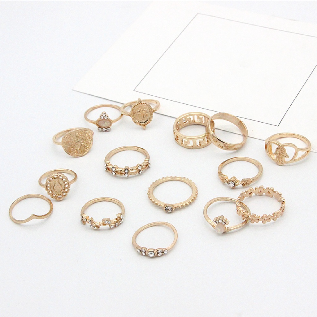 Hu Hu Hu Hu Hu Alat Bantu Pasang Kacamata♡ 15pcs Cincin Knuckle Tumpuk Desain Ukiran Hati Hollow Bahan Alloy Untuk Wanita