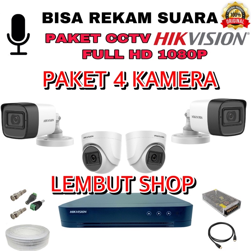 (audio) paket camera cctv 4 kamera hikvision 2mp audio built in mic 1080p 4 channel ch bisa rekam suara 4ch 4channel 2 mp megapixel original murah