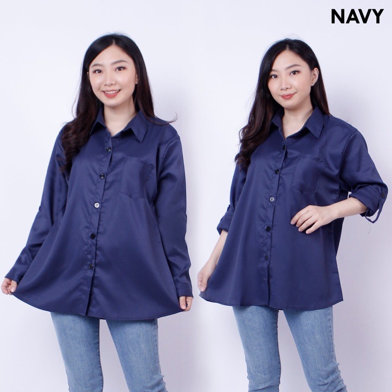 KEMEJA WANITA POLOS BASIC LENGAN PANJANG XL  XXL-Navy