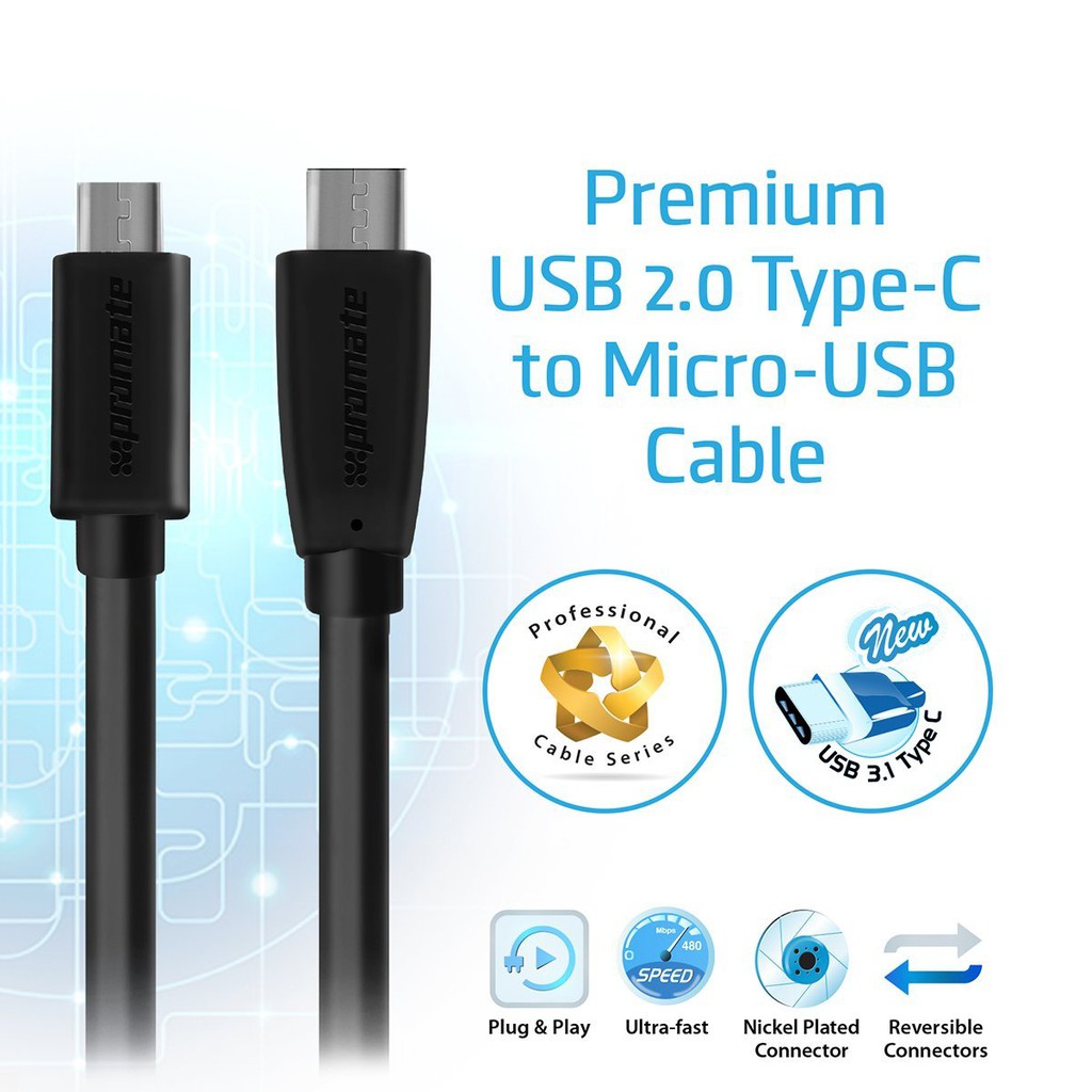 BALI Kabel Data Charger Micro USB Type C uniLink Hitam PROMATE