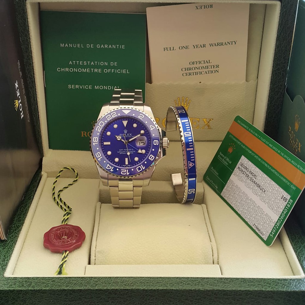 jam tangan pria premium rolex GMT Master II Automatic Stainless Steel Plus Gelang Original + Box Ori